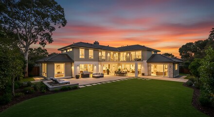 Contemporary external view of modern and beautiful home with large backyard, panorama villa perfect for modern living