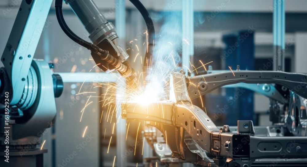 Poster hightech robotic welding process creating strong joints on vehicle parts.