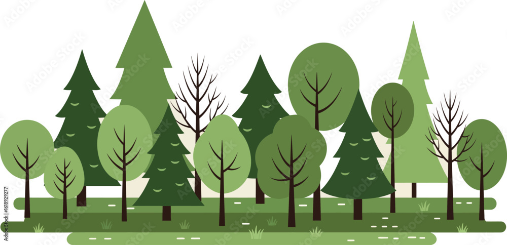 Poster flat design forest border with various trees on transparent background
