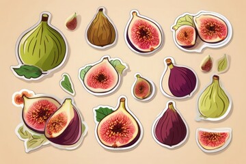 Set of vector fig stickers on beige background. Trendy collection with fresh and sliced figs in modern style. Perfect for packaging, branding, markets, organic product design, advertising, labels