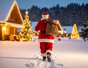 Santa Claus carries gifts in a sack to a picturesque snowy villa