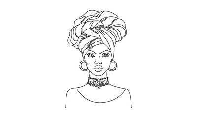 Line Art of Woman with Head Wrap and Choker Necklace