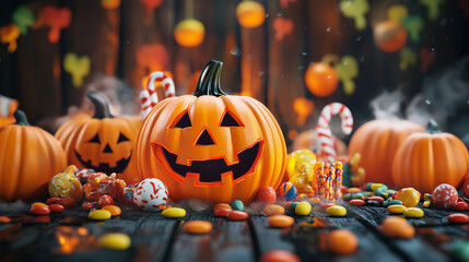 Halloween Pumpkins with Candy and Decorations