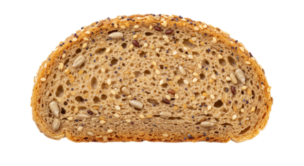 Close up of a slice of multigrain bread with seeds on a black background in a studio shot on transparent background