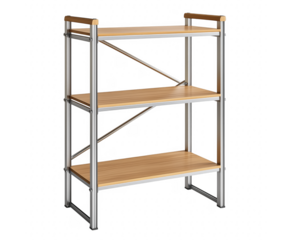 Modern three tier metal and wood shelf unit for storage and home organization transparent background