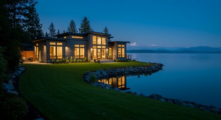 Stunning lake tapps, wa, usa - july 19, 2021: modern residential front exterior at night residence featuring premium amenities