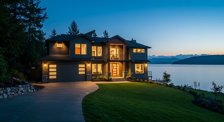 Beautiful lake tapps, wa, usa - july 19, 2021: modern residential front exterior at night villa perfect for modern living