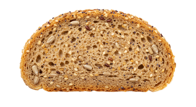 Close up of a slice of multigrain bread with seeds on a black background in a studio shot on transparent background