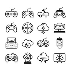 Fototapeta premium Gaming icon set: controllers, console, VR headset, cloud gaming, steering wheel, binoculars, and remote. Clean line art vector illustration collection, monochrome black and white design elements for U