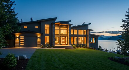 Contemporary lake tapps, wa, usa - july 19, 2021: modern residential front exterior at night architecture with scenic surroundings