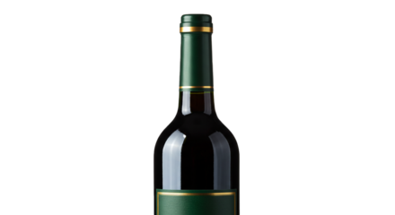 Close up of a dark red wine bottle with a green label and neck against a black background image on transparent background