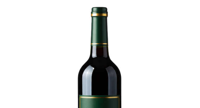 Close up of a dark red wine bottle with a green label and neck against a black background image on transparent background - Powered by Adobe