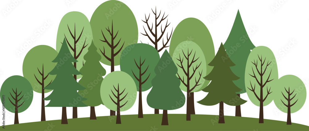 Poster cartoon forest border with various trees and greenery seamless pattern on transparent background