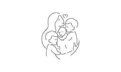 Minimalist Line Art of a Mother with Children – Family Love Illustration