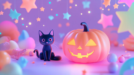 Halloween Scene with Black Cat and Jack O Lantern