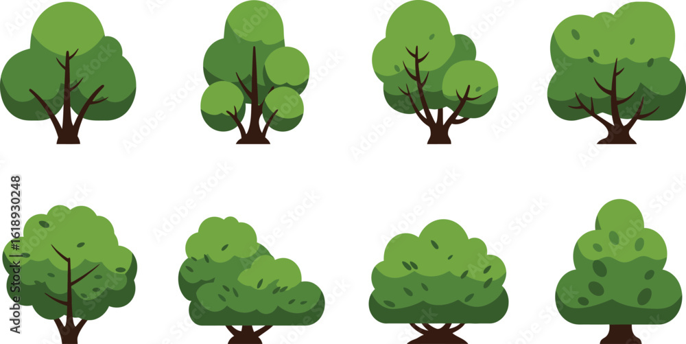 Poster cartoon trees set in various shapes on transparent background cartoon trees various shapes and sizes