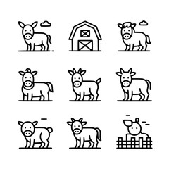 Minimalist line art farm animal icon collection: donkey, barn, ox, cow, bull, pig, fence. Simple black and white vector graphic set for agriculture, livestock, farming designs.