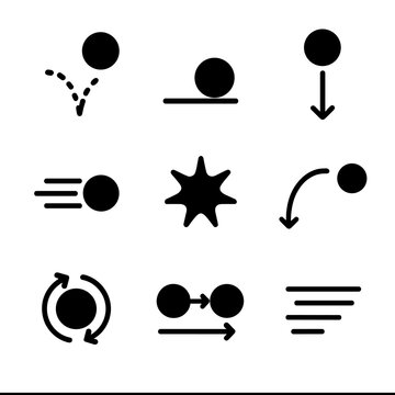 Physics Ball Icons. Solid, filled icon set of ball movement and physics: bouncing ball, rolling ball, dropped ball, fast-moving