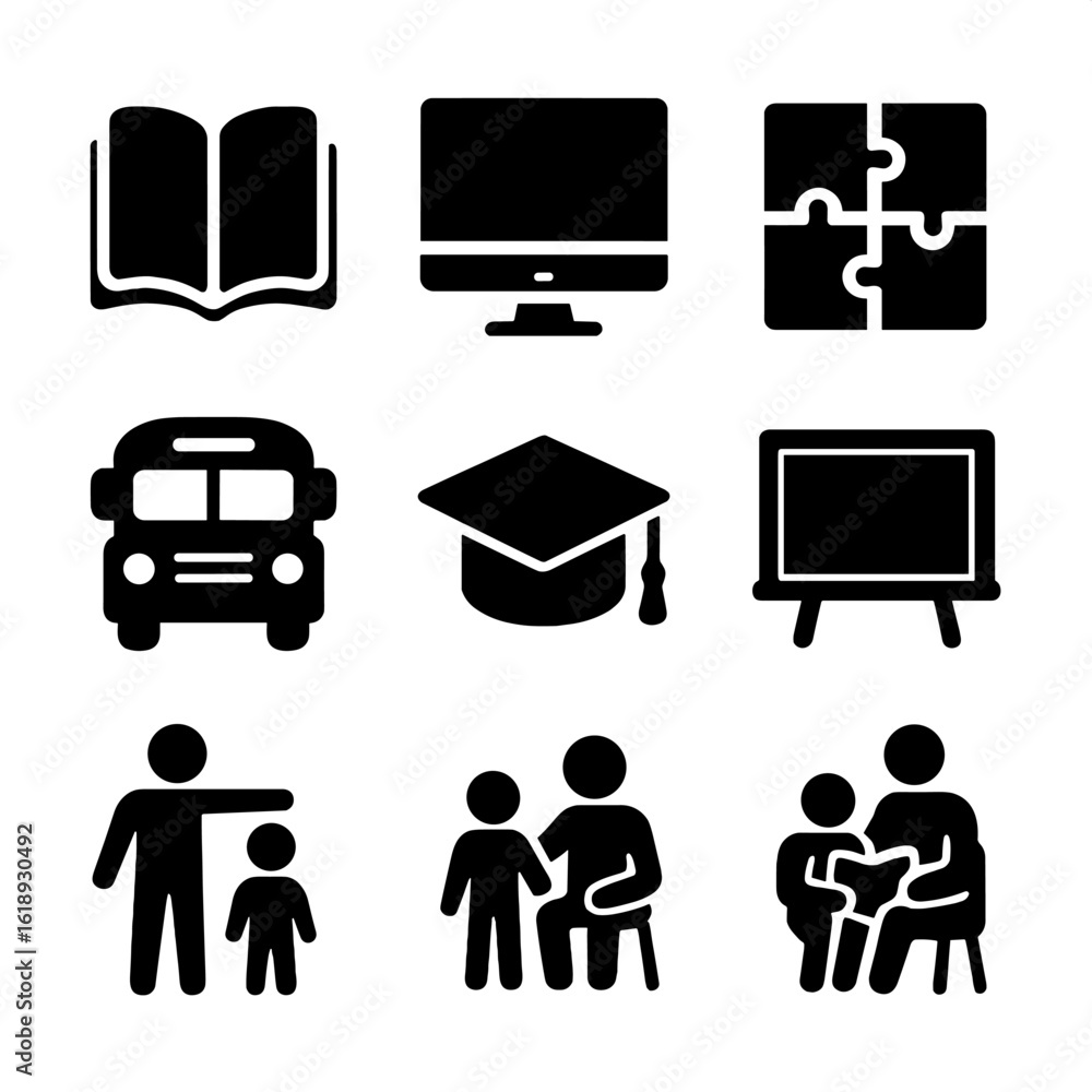 Poster intergenerational learning icons. solid, filled icon set of intergenerational learning and teaching: