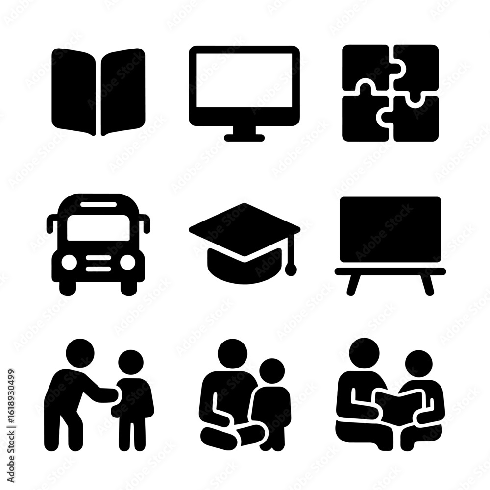 Poster intergenerational learning icons. solid, filled icon set of intergenerational learning and teaching: