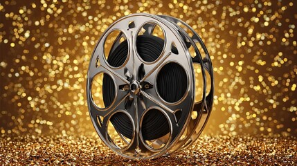 Obraz premium Golden film reel standing on sparkling glitter background symbolizing cinema, movies, and entertainment