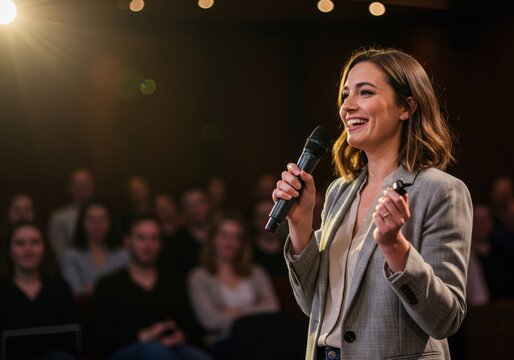 Confident female speaker delivers engaging presentation to captivated audience on stage under spotlight - Powered by Adobe
