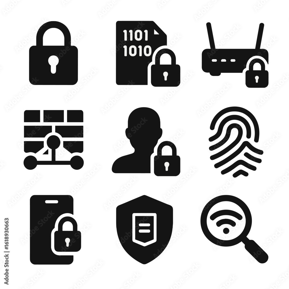 Poster iot security icons. solid, filled icons set of iot security and privacy: padlock icon, encrypted dat