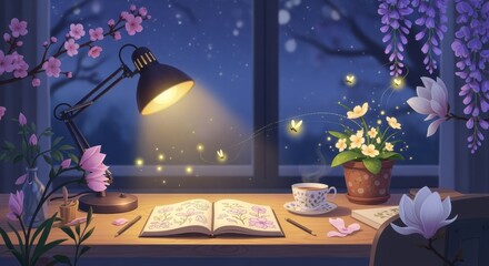 Tranquil nighttime desk scene botanical theme with gentle blossoms seamless cartoon animation.