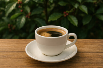 Perfect cup of fresh coffee served on a wooden table on the coffee plants garden background 