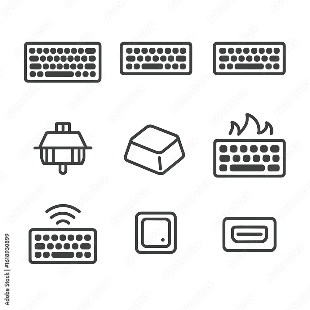 Poster keyboard layout icons. outline icon set of device key layouts: full keyboard, tenkeyless keyboard, 6