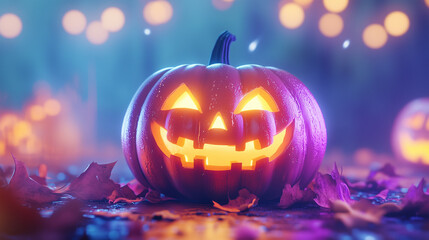 Illuminated Halloween Pumpkin on a Wet Surface at Night