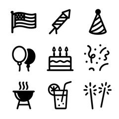 Fototapeta premium July Holiday Icons. Solid, filled icon set of July holidays and celebrations: Independence Day flag, fireworks rocket, party hat,