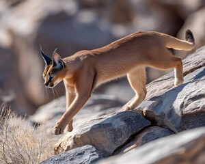 A caracal cat carefully walking down a rocky slope in its natural habitat on a sunny day outdoors