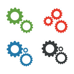 Colorful gear sets on a white background representing teamwork and collaboration