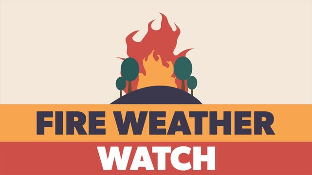 Fire weather watch alert video animation with a scene of burning flames and trees.