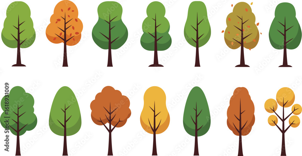 Poster seamless pattern of cartoon trees in various shapes and colors on transparent background