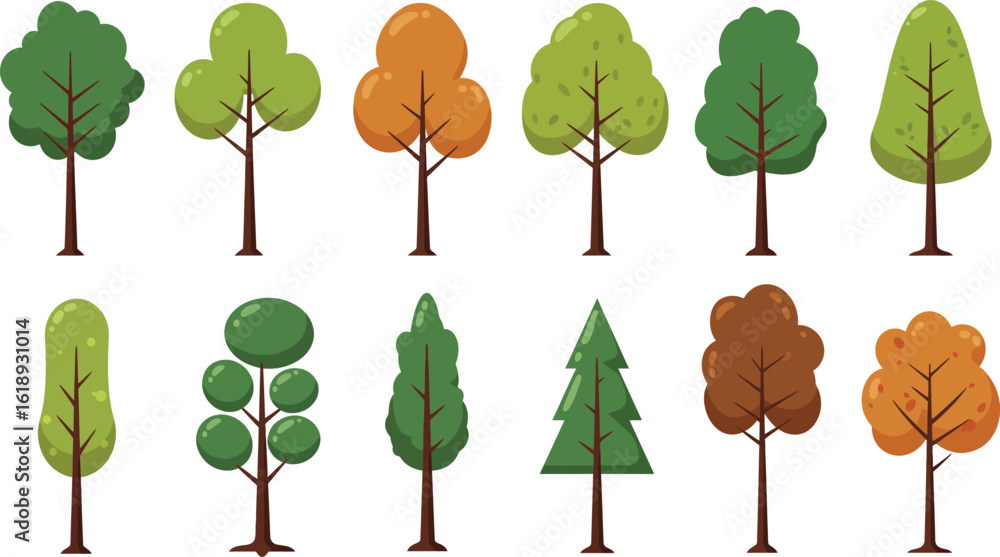 Poster set of eight cartoon trees in different styles on transparent background