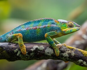 A colorful chameleon perched on a lichen covered branch in a natural outdoor setting calmly observing