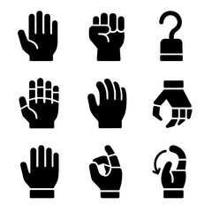 Fototapeta premium Prosthetic Hand Icons. Solid, filled icon set of prosthetic gripping hands: open palm, clenched fist, hook hand, articulated