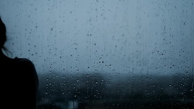 Sad woman silhouette looking out rainy window for mood background or depression concept stock footage video 4k