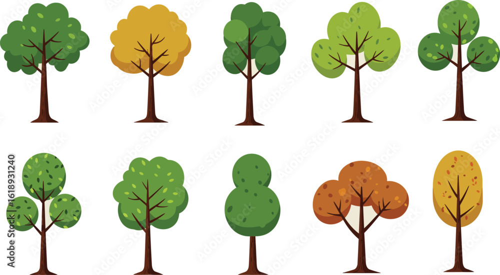 Poster cartoon tree vector set in various styles and colors on transparent background