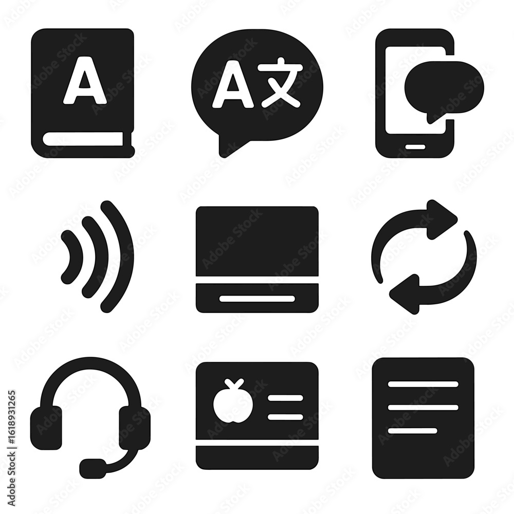 Poster language tools icons. solid, filled icons set of language and communication tools: dictionary icon, 