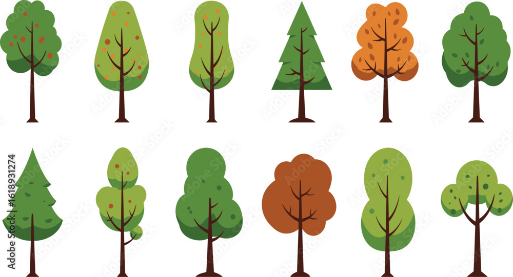 Poster collection of stylized trees in various shapes and colors on transparent background