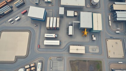 Abstract aerial view of an industrial landscape with geometric shapes and muted colors.