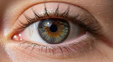 Close-up of an eye blinking slowly, visible eyelashes and skin texture, natural lighting, macro lens effect.
