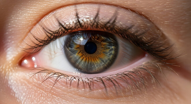 Close-up of an eye blinking slowly, visible eyelashes and skin texture, natural lighting, macro lens effect.
