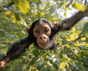 A young chimpanzee swinging through the trees with a blurred background of green and yellow leaves