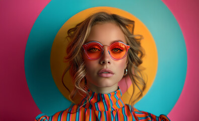 Fashion retro futuristic girl on background with future extravagant or pop art 3D wallpaper. Futuristic retro fashion woman with geometric pattern of balloon balls