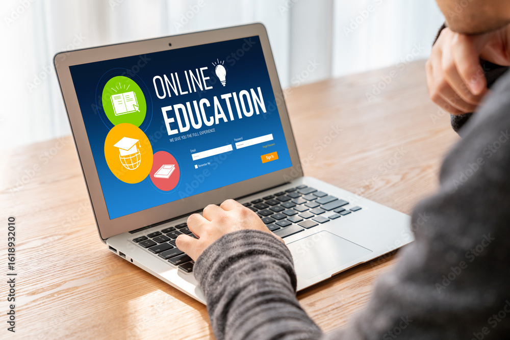 Poster e-learning website with modish sofware for student to study online on the internet network