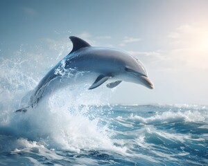 A dolphin leaps from the ocean waves with the sun shining brightly in the background on a clear day